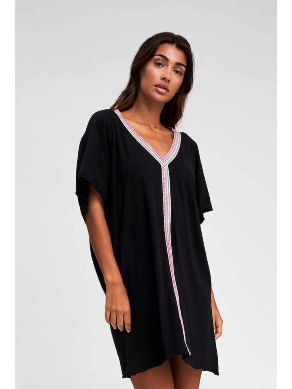 Pitusa Black Mini Pima Abaya Cover Up Mini Dress Embroidered Trim Standard Size